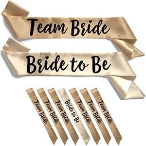 Team Bride 7pc Satin Sash Set - Sophisticated & Fun Party Favors for Bachelorette Party, Bridal Shower & Wedding Party (7pc Set, Light & Deep Champagne)
