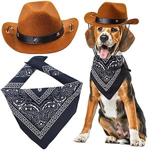 Yewong Pet Cowboy Costume Accessories - Dog Cat Pet Size Cowboy Hat and Bandana Scarf West Accessories for Puppy Kitten Party Festival and Daily Wearing Set of (Coffee Hat+Black Bandana)
