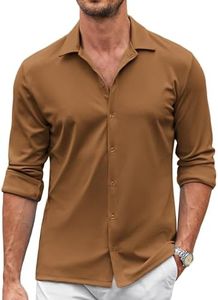 COOFANDY Mens Casual Button Up Shirts Long Sleeve Slim Fit Stretchy Dress Shirts Light Brown