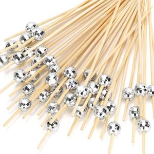 SEANSDA Cocktail Picks, Disco Ball Decorative Toothpicks for Appetizers, Fancy Bamboo Skewers for Appetizers Drinks Food Disco Party Decorations, 4.7 Inch Long Silver Wooden Cocktail Sticks 100PCS