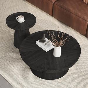 FHKJ Round Nesting Coffee Table Set of 2 – 35.43" + 19.69" Modern Black Wood Coffee & Side Tables, Pedestal Living Room Table for Small Space, Fully Assembled