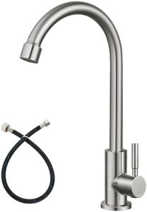 Heyalan Brushed Nickel Kitchen Faucet Cold Water Only 1 Hole Single Handle 360 Degree Swivel Spout Deck Mount High Arc SUS304 Sink Bar Tap Goose Neck with Hose and Longer Thread Pipe