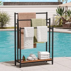 46" Extra Large Freestanding Towel Rack Stand for Bathroom, 3 Tier Blanket Ladder Holder, Outdoor Bath Towel Drying Rack with Shelf, Next to Tub or Shower, Quilt Rack, Rustic Brown Black