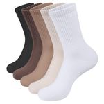 Closemate Womens Socks Leisure Ladies Calf Length DarkCoffee Socks Soft Breathable Teen Girls Casual Crew Socks 5 Pairs(1Black1White1Beige1Khaki1DarkCoffee, Size S)