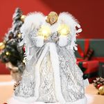Angel Christmas Tree Topper, 12Inch Angel Tree Topper with White Feather Wings Cute Led Lighted Tree Toppers Christmas Decorations for Indoor Home Decor Gift