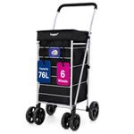 Hoppa Shopping Trolley on Wheels 76L Foldable | Compact Grocery Cart 6 Wheel Design for Stairs & Pavements | Lightweight Foldable Utility Cart for Laundry Storage Home Use | Heavy Duty Collapsible