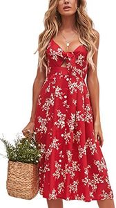 ECOWISH Womens Dresses Summer Tie Front V-Neck Spaghetti Strap Button Down A-Line Backless Swing Midi Dress 1603 Red S