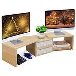 42 inch Dual Monitor Stand Riser with 2 Drawers- Length and Angle Adjustable 3 Shelf Monitor Riser with Storage Desk Organizer Computer Monitor Stand for 2 Monitors/Laptop/PC,Screen/TV Stand Riser