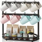 Ronjnndc Coffee Mug Holder with Movable Hooks,16 Capacity Coffee Cup Holder for Countertop, Metal Mug Tree Holder Rack with Storage Base,Home Storage Mug Organizer adjustable Heights (Black)