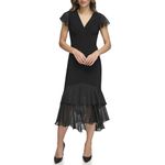 Tommy Hilfiger Women's Flutter Sleeve High Low Tiered Skirt Dress, Black, 4