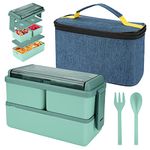 1400ml Lunch Box with 3 Compartments - 2 Layer Leak Proof Bento Box with Insulated Bag and Cutlery, Meal Prep Container Box for Adults Kids Students Office Microwave Dishwasher Safe Available (Green)