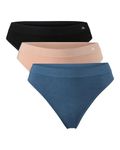 DANISH ENDURANCE 3 Pack Women's Seamless Bamboo Thongs Panties, Super Soft Breathable Comfortable Underwear, Multicolour (1x Black, 1x Lyon's Blue, 1x Nude Beige), M-L