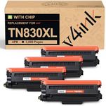 v4ink TN830XL Toner Cartridge Ink for Brother HL-L2460DW Printer Replacement for TN830 XL TN830 TN-830 Toner Set for DCP-L2640DW HL-L2405W HL-L2400D MFC-L2820DW HL-L2480DW Printer, 4PK （High Yield）