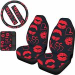 doginthehole 6pc Universal Red Lip Kiss Print Car Seat Covers for Fronts Seats Only, Seat Belt Pad Console Pads Streering Wheel Cover, Auto Full Set Interior Accessories Protector for Women