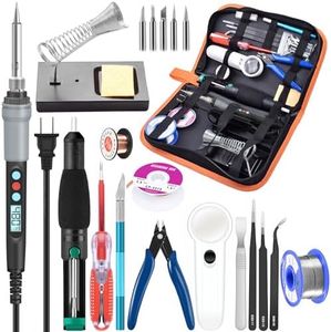 Soldering Iron Kit Electronics, 21-in-1, 60W Adjustable Temperature Soldering Iron, 5pcs Soldering Iron Tips, Soldering Iron Stand, Desoldering Pump, Magnifier, Solder Wire, Tweezer, PU Carry Bag