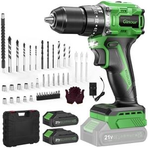 Ginour 21V Brushless Cordless Combi Drill Set, 2x1.5Ah, Hammer Drill 50Nm, compatible with Makita 18V Battery, 23+3 Torque, 2 Speed, 48PCS Electric Screwdriver kit, Impact drill for Masonry Wood Metal