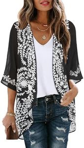 Womens Floral Kimono Cardigans Beach Cover Tops Loose Puff Sleeve Casual Blouse (C Black Flower, XXL)