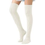 Leg Warmers, Cable Knit Long Boot Socks Winter Crochet Thigh High Stockings for Women, White