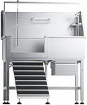 46" Dog Washing Station, Leak-Proof 304 Stainless Steel Dog Bathtub with Non-Slip Removable Left Stair & Storage Drawer, Elevated Pet Wash Station for Large Dogs, Indoor & Outdoor Use (Left Ramp)