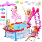 11.5 Inch Girl Doll Glam Pool Playset Include Glam Swimming Pool with Slide Mermaid Swimsuit Doll Bikini Swimwear Beach Chair Glasses Towel Swimming Ring and Others Accessories for 11.5 Inch Dolls