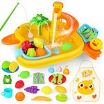 deAO Kitchen Play Sink with Running Water, Role Play Kitchen Sink Toys with Real Faucet, Fishing Game, Play Foods, Play Dishes and Dish Rack, Toddler Kitchen Water Play Sink Toy for Kids Boys Girls