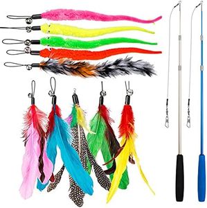 12 PCS Feather Teaser Cat Toy, 2 Pcs Retractable Interactive Cat Teaser Rods, 10 Pcs Replacement Colorful Feather Refills with Bells, Feather Dangler Funny Exercise for Indoor Cat Kitten Catcher