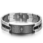 JewelryWe Stainless Steel Black Silver-Tone Religious Cross English Lords Prayer Mens Bracelet, 9.84 Inch (with Gift Bag)