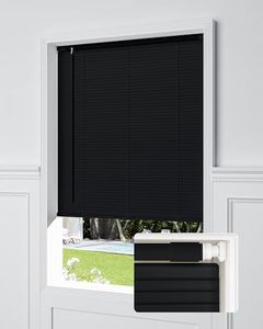 UNISHADES No Tools No Drill Cordless Mini Blinds, 100% Privacy L-Shaped Blades 1" Vinyl Blinds for Indoor Windows, for Windows Size (48" W × 64" H) Color (Black)