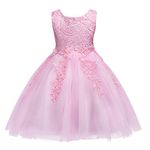 FYMNSI Flower Girl Dress Kids Baby Lace Floral Embroidery Sleeveless A-line Knee Length Princess Tutu Dress for Wedding Bridesmaid Birthday Party Christening Pageant Cocktail Evening Pink 7-8 Years