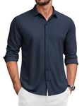 COOFANDY Men's Untucked Wrinkle Free Shirts Casual Long Sleeve Button Up Shirts Navy Blue