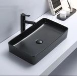 NEXIS Designer Ceramic Wash Basin For Bathroom | Over Counter Bathroom Basin | Counter Top Bathroom Sink | Wash Basin For Restaurant, Hotel (Black Matte - 24 x 14 x 5 Inch)