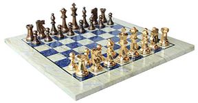 StonKraft Collectible Australian Marble and Lapis Lazuli Chess Board Set + Brass Staunton Chess Pieces Pawns - Decorative Stone Chess - 15" Inches