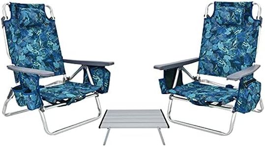 GOPLUS Juego de 2 Sillas Playa y Mesa Plegable, Silla Plegable Reclinable con 5 Posiciones Ajustables, 3 Bolsas de Almacenaje y Almohada, Silla Portátil para Jardín Piscina Camping (Hoja Azul)