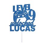 Personalize Pro Video Game Cake Topper, Level Unlocked & Game Controller Theme Birthday Party Decorations, Personalise With Any Name & Age, Party Supplies for Gamer Kids Boys Girls, Blue