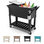 Permasteel 80-Qt Antique Patio Cooler for Outside | Outdoor Beverage Cooler Bar Cart, Rolling Cooler with Wheels and Handles, Wooden Teak Accent, Black