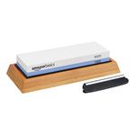 Amazon Basics Knife Sharpening Whetstone, Dual Sided 1000/6000 Grit Sharpening Stone with Non-Slip Bamboo Base, Black, Blue & White