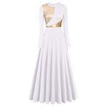 IDOPIP Women Metallic Color Block Liturgical Praise Dance Dress Long Sleeves Lyrical Dancewear Gowns Worship Costume Full Length Robe Ruffle Tunic Circle Skirt Worship Team Dresses White + Gold S