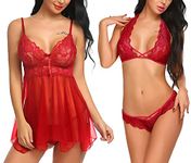 Xs and Os Combo of Women Babydoll Lingerie with Lace Bra Panty Set (Large, Red)