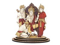 PLEASANTINO - 4 Inch Ram Darbar Wood Carved Statue in Exotic Hard Woods - Multi Layered Hand Made Wooden Ram Ji Family Wooden Idol with Hanuman for Car Dashboard, Home, Office, and Travel