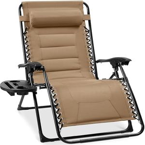 Best Choice Products Oversized Padded Zero Gravity Chair, Folding Outdoor Patio Recliner, XL Anti Gravity Lounger for Backyard w/Headrest, Cup Holder, Side Tray, Polyester Mesh - Beige