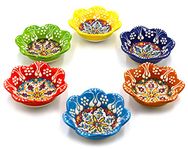 Silver Craft 6 Pcs Daisy Shaped Hand Painted Decorative Serving Turkish Tiny Bowls - Handmade Ceramic Bowl - Set of 6 (3.7 inc/9.5cm) 2.5 Oz Pinch Multicolor Small Serving Bowls - Best Gift Set