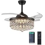 DuMaiWay 36" Modern Black Retractable Blades Ceiling Fan with Lights, Dimmable Fandeliers, Crystal Chandelier Fan Light Kit for Bedroom Kitchen Island