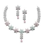 ZENEME Rhodium-Plated Silver Toned Star Shaped American Diamond Studded Necklace Earrings Jewellery Set for Girls and Women (Lime Green & Pink_Design_01)