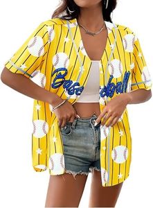 Baseball Jersey Shirt for Women Baseball Print Button Down Shirt Game Day Baseball Mom Short Sleeve Tops Yellow