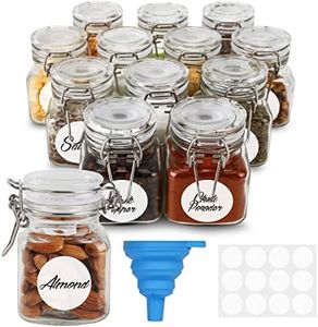 BELLE VOUS Pack de 12 Tarros de Cristal Herméticos para Especias con Tapa Abatible - 120 ml - Recipientes Reutilizables con Etiquetas, y Embudo - Cocina, Alimentos, Especias, Hierbas y Harina