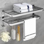 HONPHIER Towel Rail Wall Mounted 2-Tier Foldable Towel Holder Bath Towel Rack With Activity 5 Hooks SUS 304 Stainless Steel Towel Shelves Towel Rail for Bathroom, Kitchen, Hotel (19-Inch, Silver)