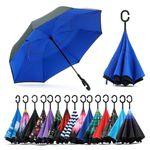 CICILIAYA Double Layer Folding Inverted Umbrella, Self Stand Upside-down Rain Protection Car Reverse Umbrellas with C-shaped Handle Big Straight Umbrella (Blue 1)