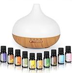 MK.Dull 500ML Essential Oil Diffuser, Wood Grain BPA-Free Whisper Quiet Cool Mist Humidifier, Natural Home Fragrance Diffuser with 14 Colors LED Lights and Easy to Clean - Light Brown White