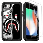 OTTARTAKS Compatible for iPhone SE 2022/2020/3rd/2nd//8/7/6s/6 Case with Screen Protector Street Fashion Heavy Duty Camo Phone Case for Boys Men, Shockproof 3-Layer Protective Case, Black Grey Shark