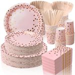 350 Pieces Pink and Gold Polka Dots Party Supplies, Premium Disposable Dinnerware Sets with Wooden Cutlery&Napkins for Baby Shower Wedding Birthday Graduation Party (50 Guests)